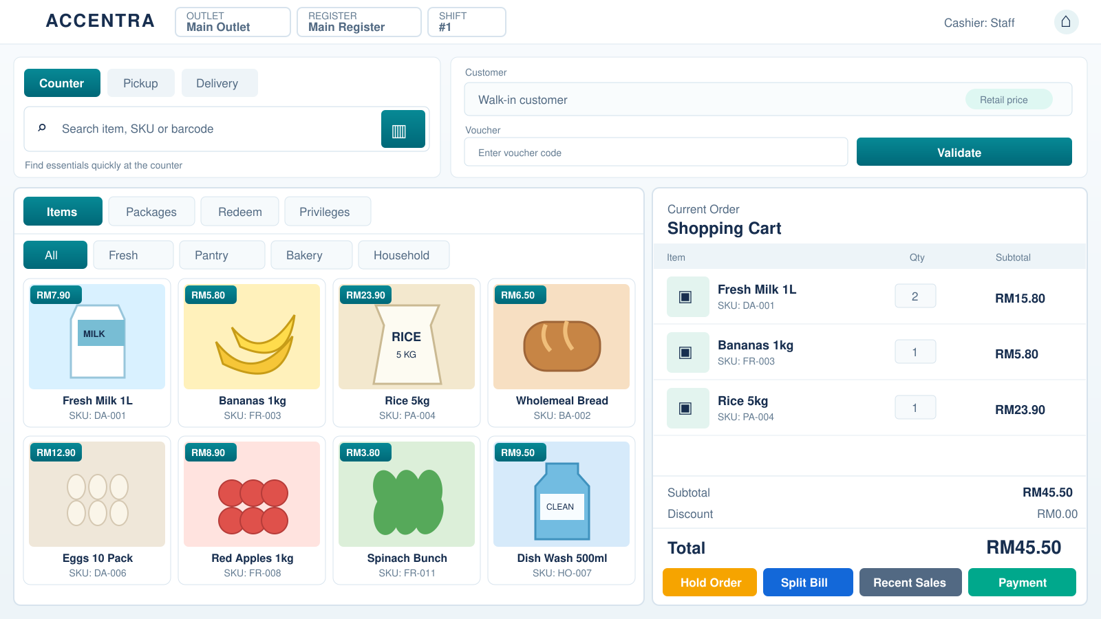 Illustrative Accentra grocery POS with fresh milk, bananas, rice, bread and a shopping cart totalling RM45.50