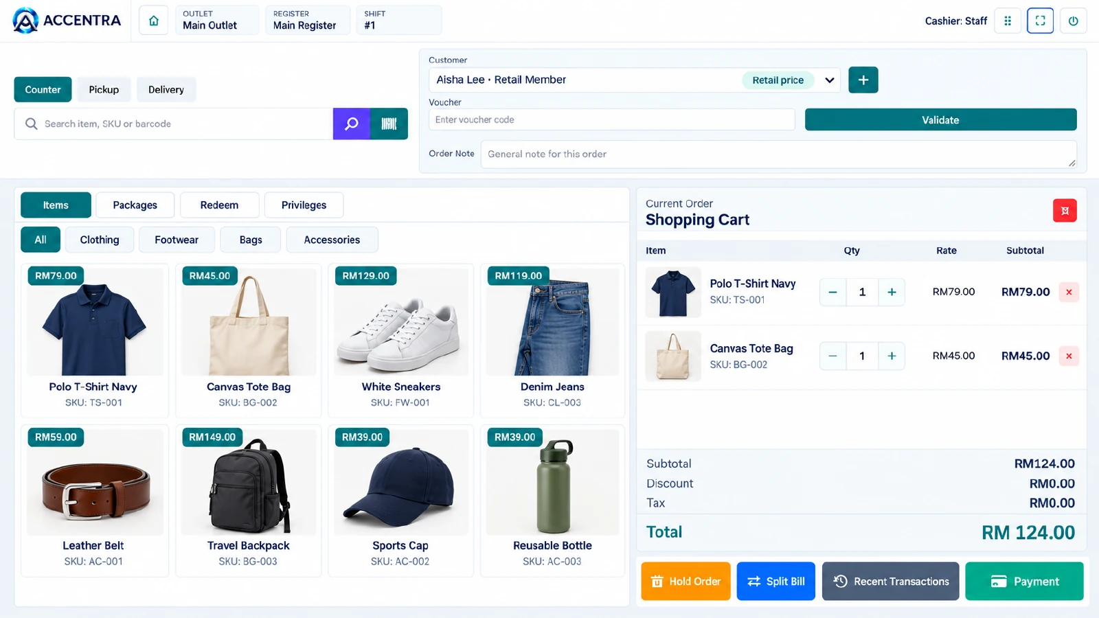 Illustrative Accentra retail POS with clothing, accessories, customer selection, shopping cart and payment action